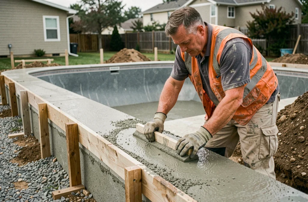Ouvrier professionnel lissant le béton frais de la ceinture autour d'une piscine coque en fibre de verre