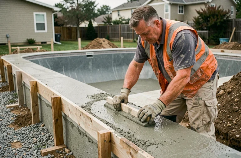 Ouvrier professionnel lissant le béton frais de la ceinture autour d'une piscine coque en fibre de verre