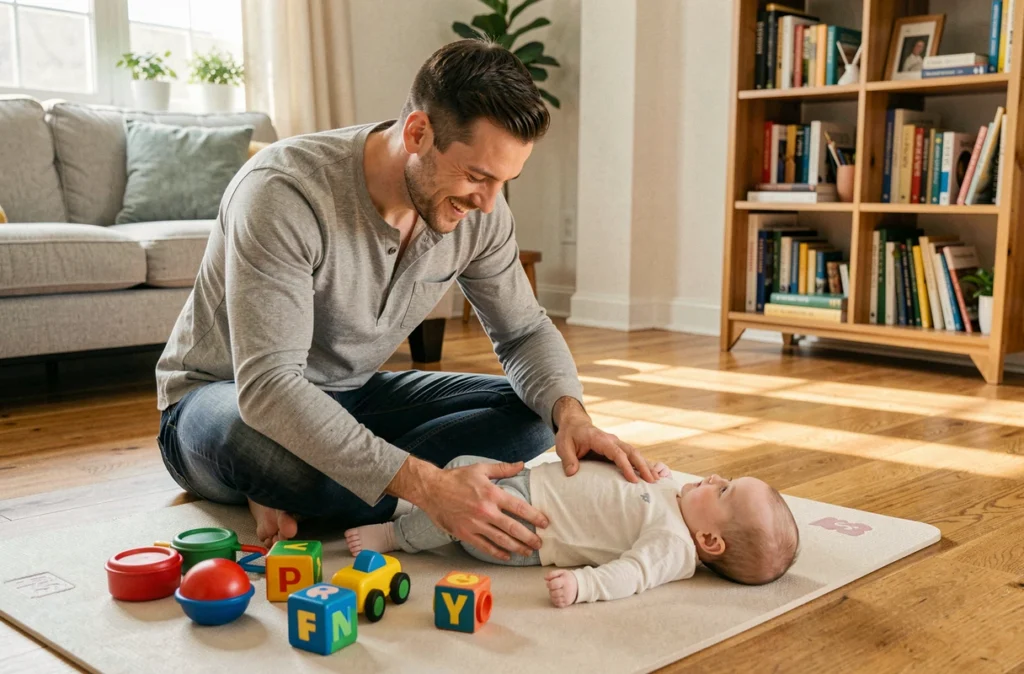 Père jouant avec son bébé de trois mois pendant une séance de tummy-time sur un tapis d'éveil coloré