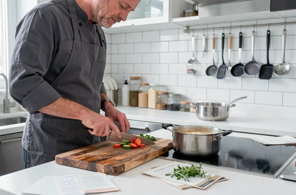 Homme en tablier gris découpant des légumes frais à côté d'une casserole qui mijote sur une plaque à induction dans une cuisine moderne