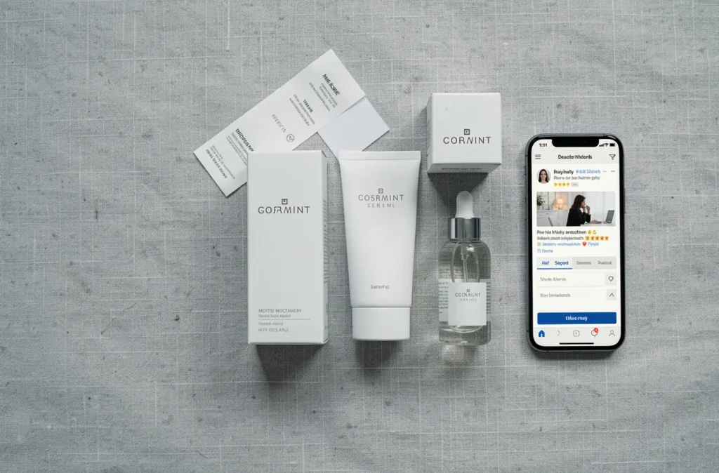 Présentation de produits cosmétiques et de beauté commandés en ligne avec leur emballage et bon de livraison sur fond lin gris