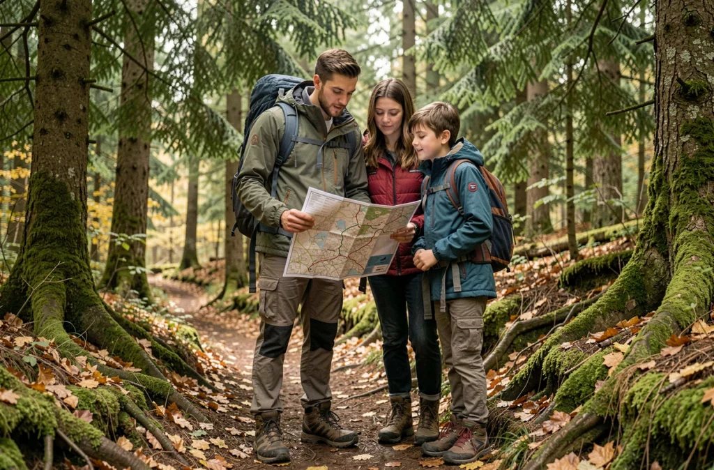 Jeunes adultes et adolescent faisant une randonnée en forêt, consultant une carte de sentier entourés d'arbres et de feuilles d'automne