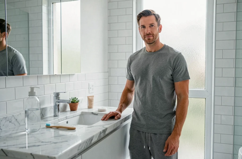 Homme avec routine matinale bien organisée dans une salle de bain minimaliste