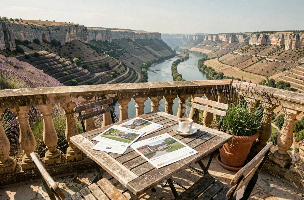 Terrasse en pierre avec vue panoramique sur la vallée du Lot, illustrant le cadre de vie exceptionnel pour un investissement immobilier dans la région