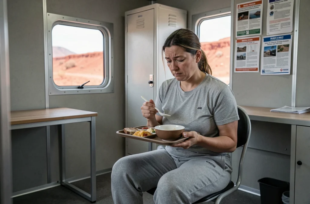 Femme travailleuse minière se reposant dans un logement de camp FIFO en Australie après un long quart de travail