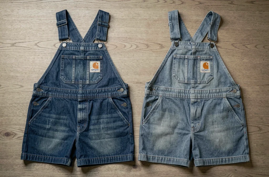 Comparaison côte à côte d'une salopette Carhartt authentique et d'une contrefaçon, mettant en évidence les différences de couture et de qualité
