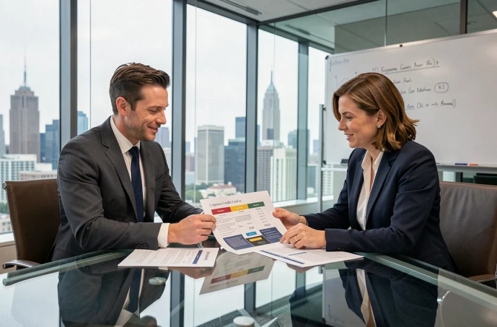 Deux professionnels analysant un comparatif de cartes bancaires professionnelles en salle de réunion