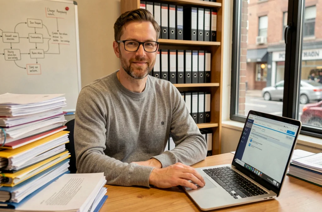 Consultant en entreprise comparant archives papier et solution numérique GED sur ordinateur portable dans un bureau privé