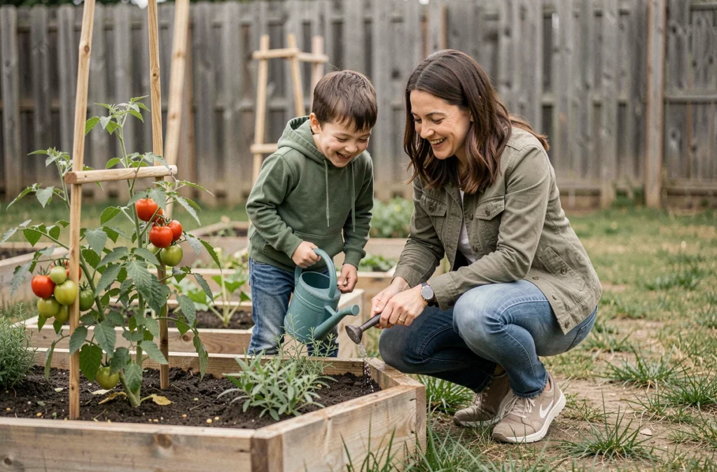 Un garçon et sa mère arrosant ensemble un potager dans le jardin, moment de complicité favorisant l'épanouissement des enfants par le contact avec la nature
