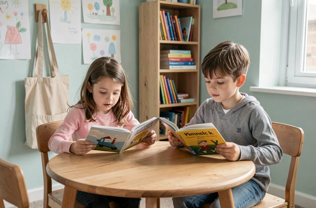 Deux enfants lisant des livres illustrés côte à côte dans un coin lecture coloré, représentant l'épanouissement intellectuel et la curiosité des enfants accompagnés au quotidien