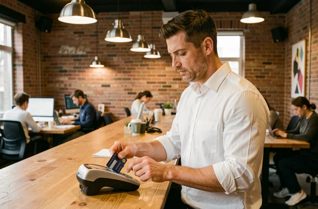 Entrepreneur utilisant une carte bancaire professionnelle sans contact dans un espace de coworking