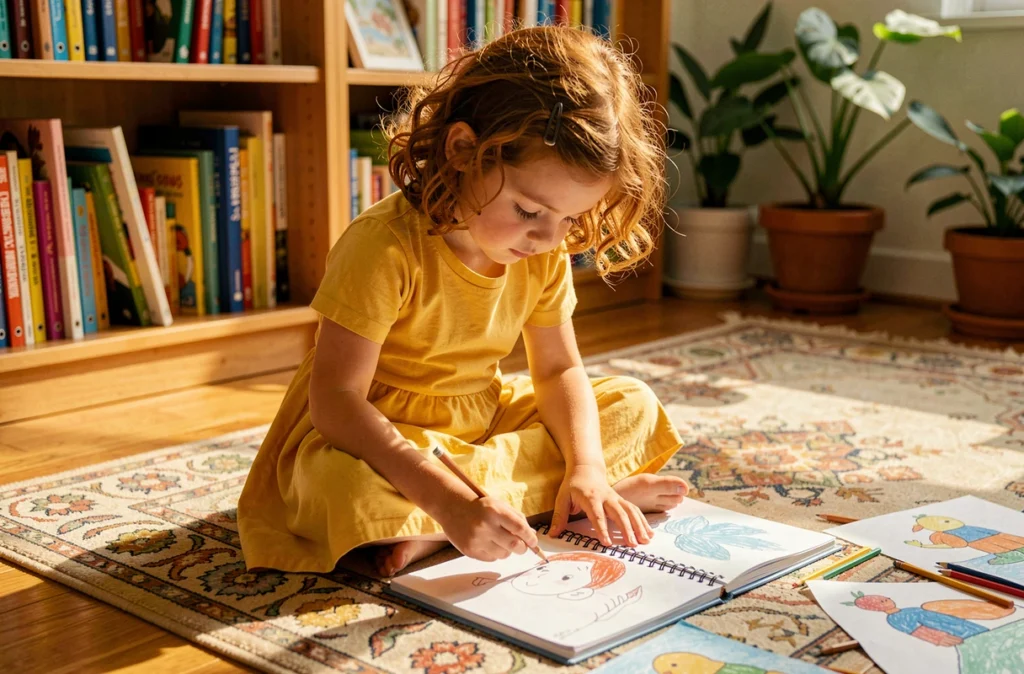 Jeune fille concentrée qui dessine sur le parquet dans un salon chaleureux, illustrant l'épanouissement créatif des enfants au quotidien