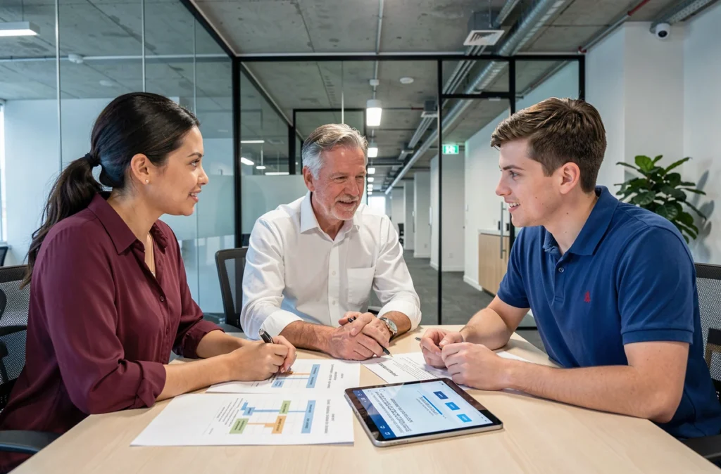 Équipe pluridisciplinaire en réunion analysant les étapes d'implémentation d'un système GED avec tableau de bord numérique