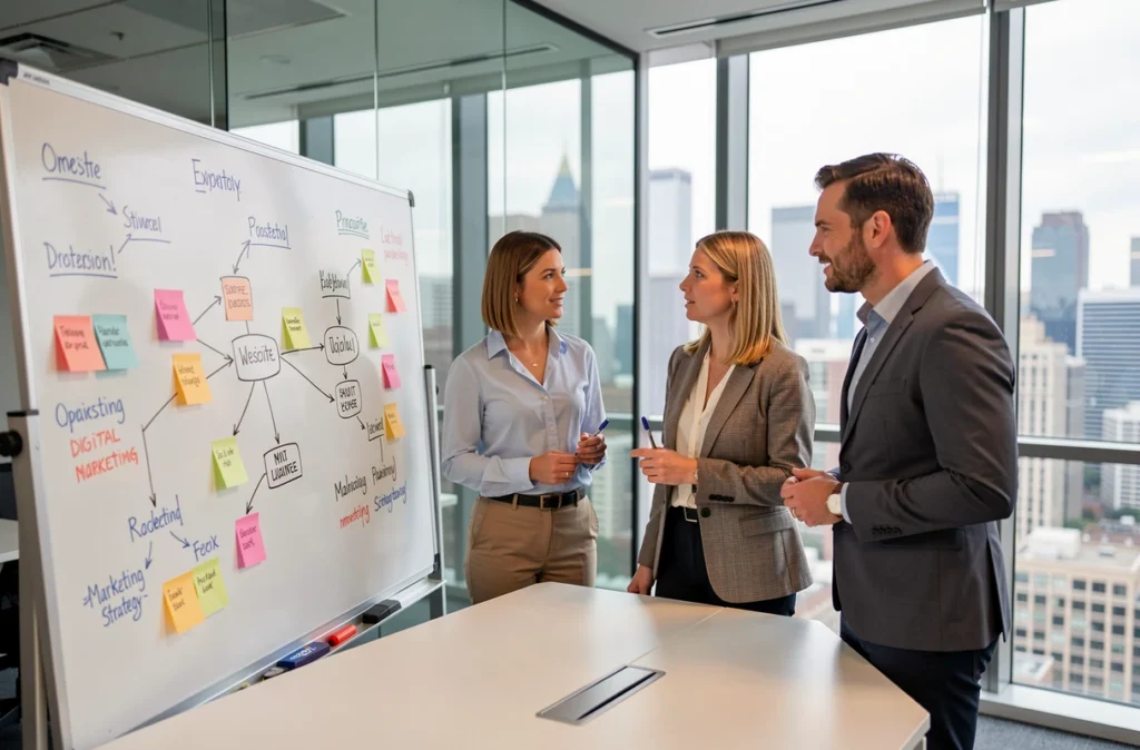 Équipe de professionnels discutant d'une stratégie de présence en ligne autour d'un tableau blanc dans une agence web moderne