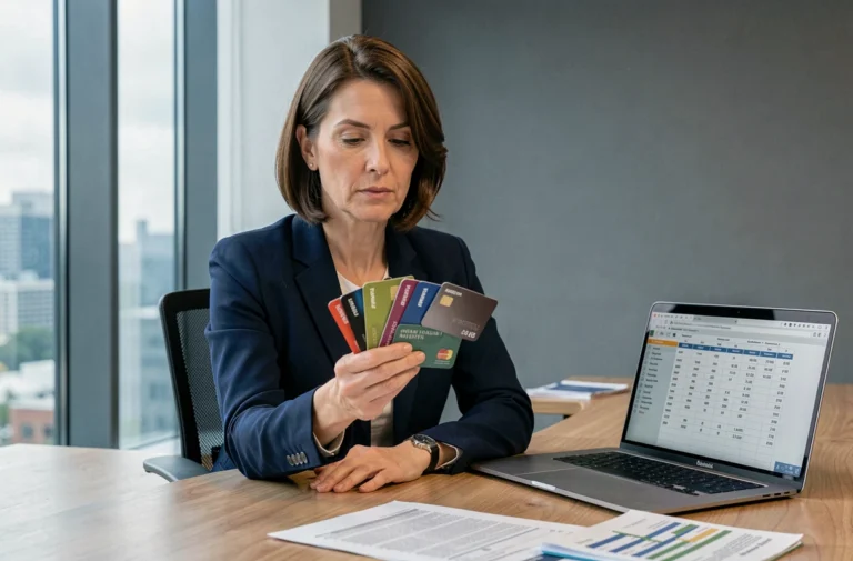 Femme d'affaires comparant des cartes bancaires professionnelles dans un bureau moderne