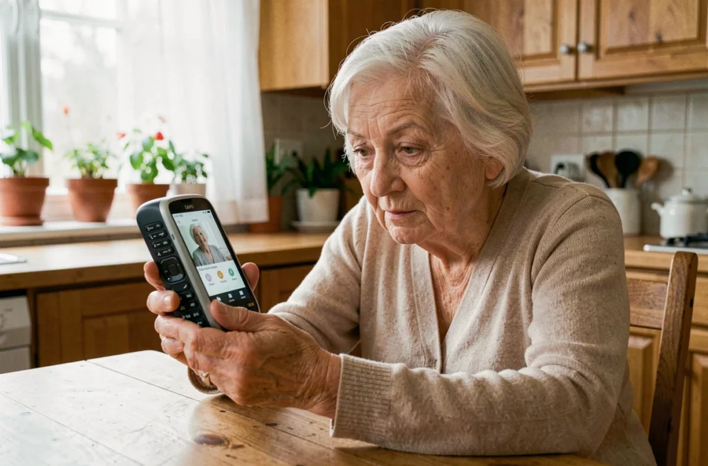 Une femme âgée tenant un téléphone Doro Leva L30 et regardant son écran pour écrire un SMS