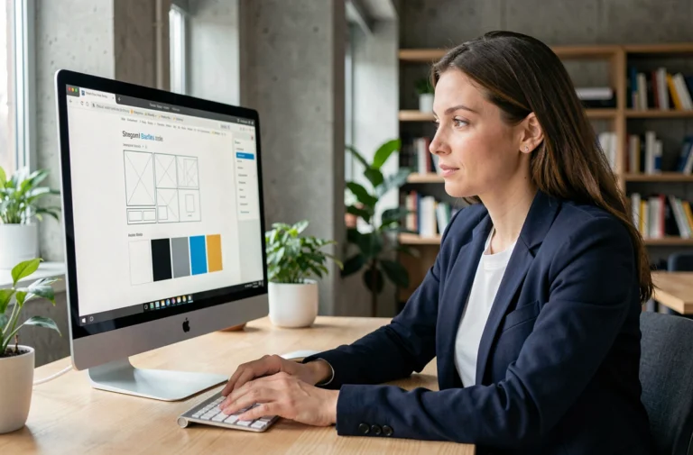 Femme professionnelle analysant un wireframe de site web sur un écran d'ordinateur dans un espace de coworking moderne