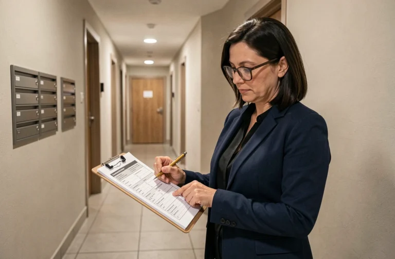 Gestionnaire de copropriété vérifiant une liste de tâches dans le couloir d'un immeuble résidentiel moderne