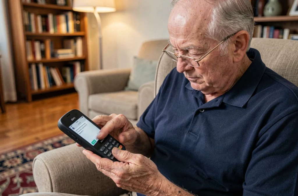 Un homme âgé portant des lunettes qui compose un SMS sur un Doro Leva L30 avec ses doigts