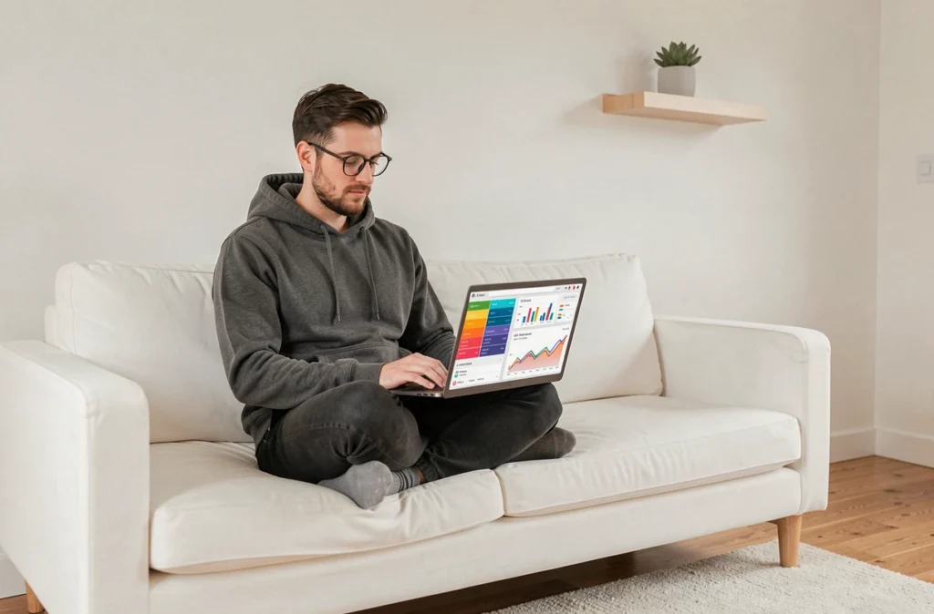 Jeune homme travaillant sur des tendances web et des analyses SEO depuis son bureau à domicile de style scandinave