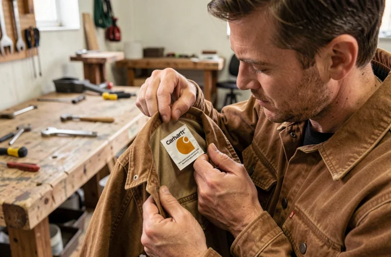 Homme inspectant l'étiquette intérieure d'une veste Carhartt authentique pour vérifier les détails de couture et le logo officiel