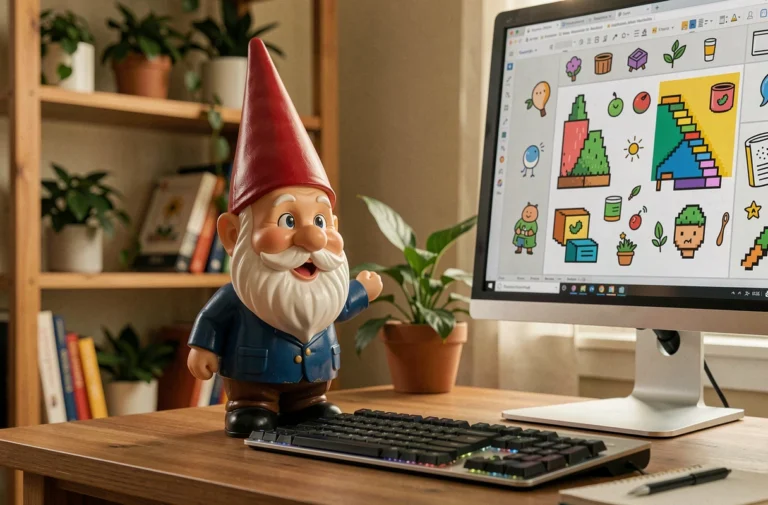 Nain de jardin en céramique posé devant un écran affichant un Doodle Google coloré sur un bureau en bois