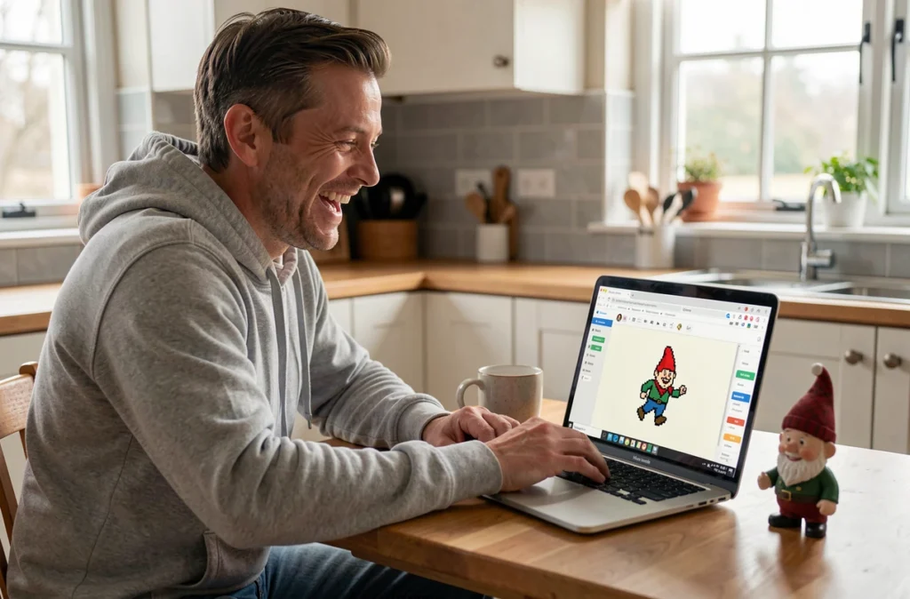 Une personne souriante jouant à un jeu de nain de jardin Google Doodle sur un ordinateur portable dans une cuisine