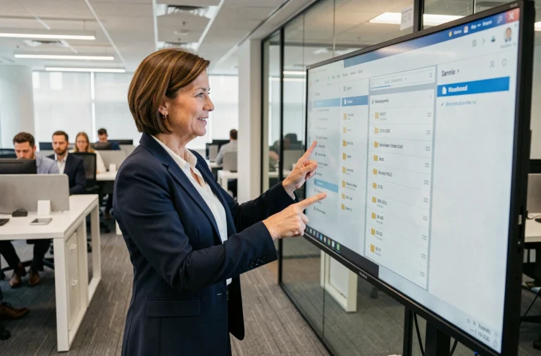 Responsable GED présentant une interface de gestion électronique de documents sur grand écran tactile dans un bureau moderne