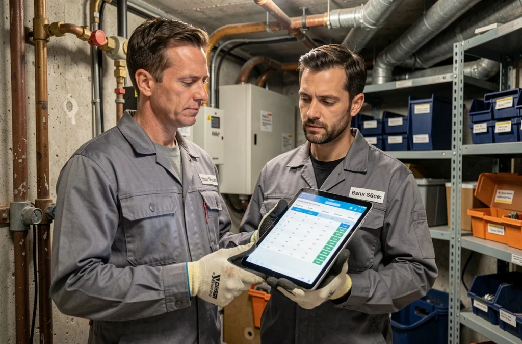 Technicien de maintenance inspectant la chaufferie d'une copropriété avec une tablette numérique