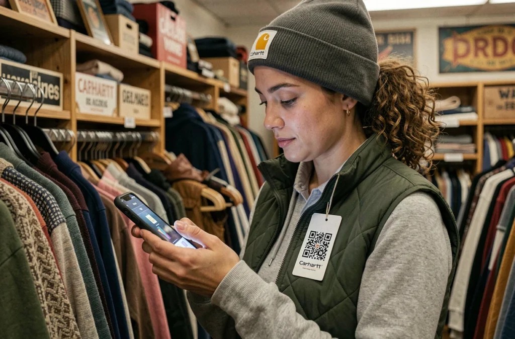Femme scannant le QR code d'une étiquette Carhartt avec son smartphone dans une friperie pour vérifier l'authenticité du vêtement